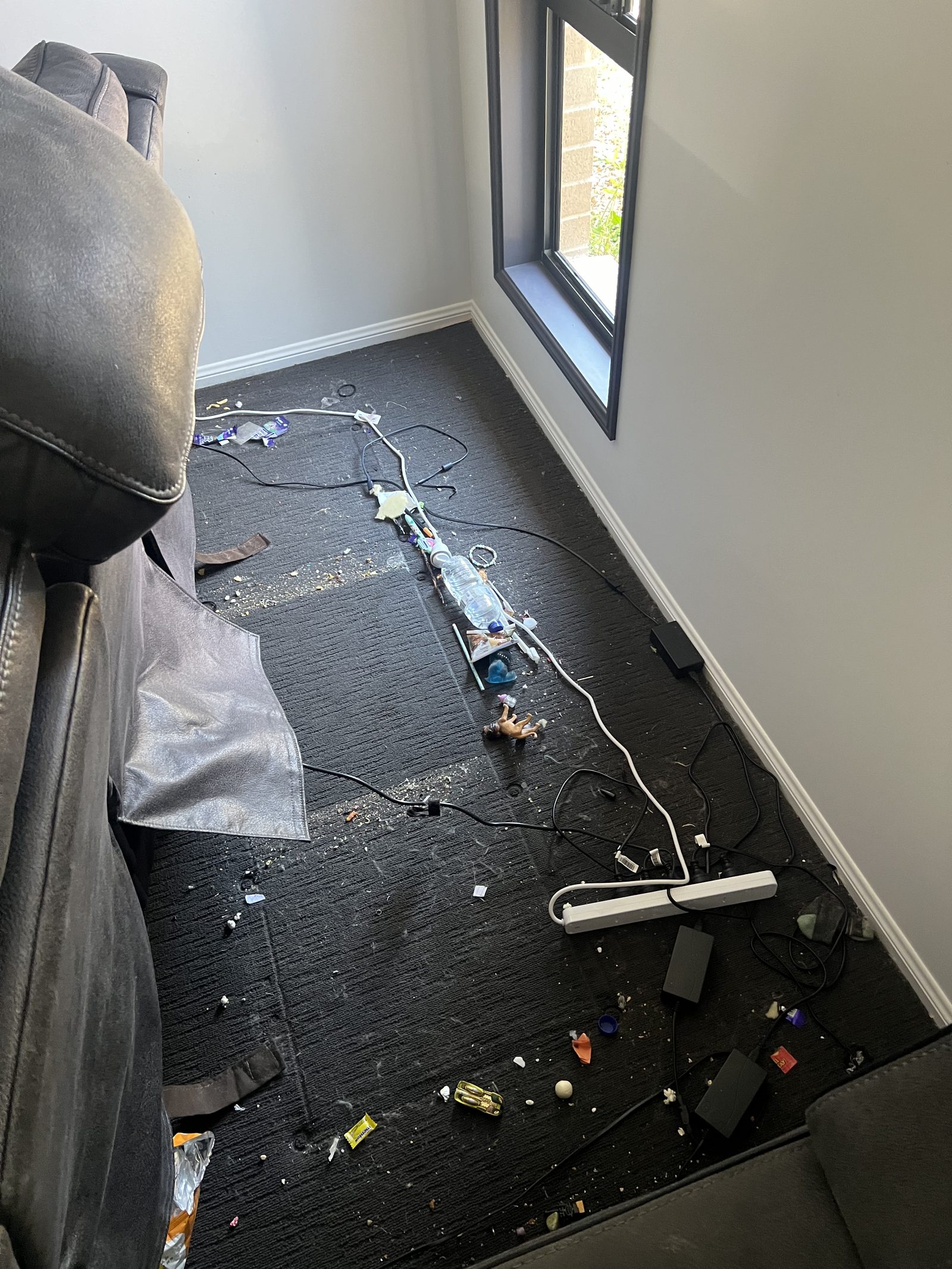 A lounge room carpet covered in crumbs and debris before a Care for a Clean visit
